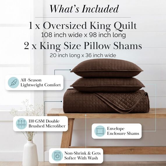 Vilano Springs, Premium-Qualität, weich, knitterfrei, farbecht und schmutzabweisend, Easy Case, übergroßes Bettbezug-Set mit 1 Steppdecke und 2 Kissenbezügen, King / California King, Schokoladenbraun