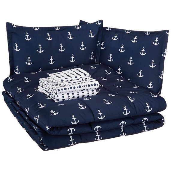Amazon Basics Bettwäsche-Set für Kinder, pflegeleicht, superweich, Mikrofaser Bett in einem Sack Full / Queen Weiße Anker