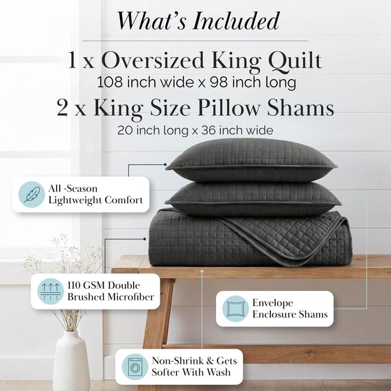 Southshore Fine Living, Inc. Vilano Springs, Premium-Qualität, weich, knitterfrei, farbecht und schmutzabweisend, pflegeleicht, übergroßes Bettwäsche-Set mit 1 Steppdecken-Set und 2 Kissenbezügen,