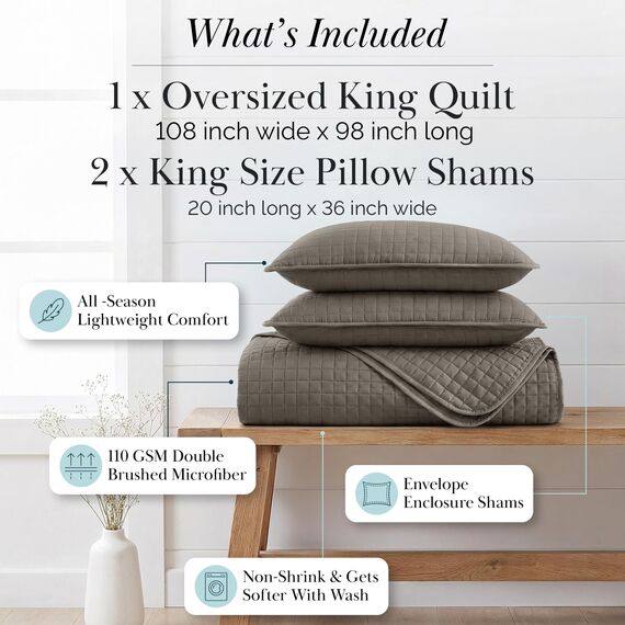 Vilano Springs, Premium-Qualität, weich, knitterfrei, farbecht und schmutzabweisend, einfache Hülle, übergroßes Bettwäsche-Set mit 1 Steppdecken-Set und 2 Kissenbezügen, King/California King Size,