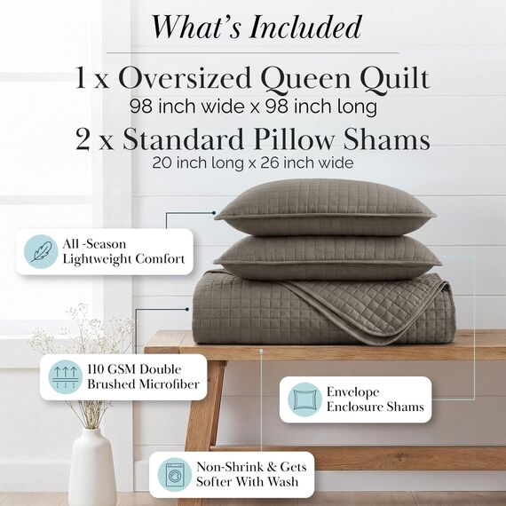 Southshore Fine Living, Inc. Steppdecken, Bettwäsche-Set für Doppelbetten, pflegeleicht, flecken- und tierhaarabweisend, Tagesdecke, Queen-Size-Größe, Tagesdecke mit 2 Kissenbezügen, Dunkeltaupe