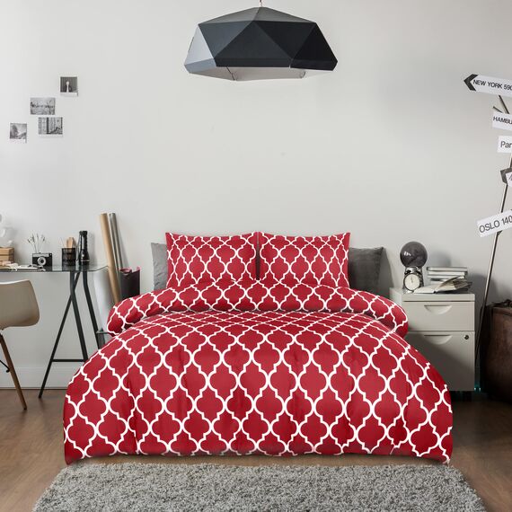 Utopia Bedding Bettbezug-Set für Queen-Size-Betten, 1 Bettbezug mit 2 Kissenbezügen, 3-teiliges Bettdeckenbezug, Reißverschluss, ultraweiche gebürstete Mikrofaser (Queensize, Quatrefoil Burgunderrot)