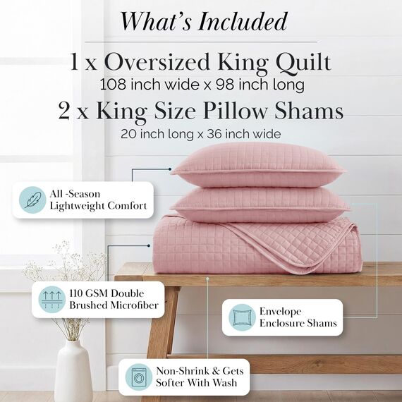 Southshore Fine Living, Inc. Pink King Bettwäsche-Set mit 2 Kissenbezügen, genähter, leichter Bezug, King-Size-Größe, flecken- und tierhaarresistentes Bettwäsche-Set, passend für Standard- oder