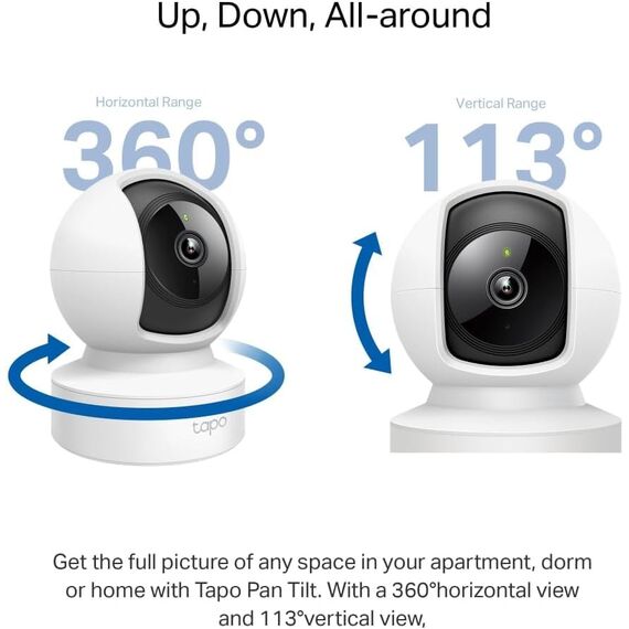 Tapo TP-Link C212 360° WLAN Überwachungskamera, Ethernet/Wi-Fi-Anschluss,2K Auflösung, Bewegungsverfolgung, Nachtsicht, Zwei-Wege-Audio, kompatibel mit Alexa und Google Assistant, für Babys/Haustiere