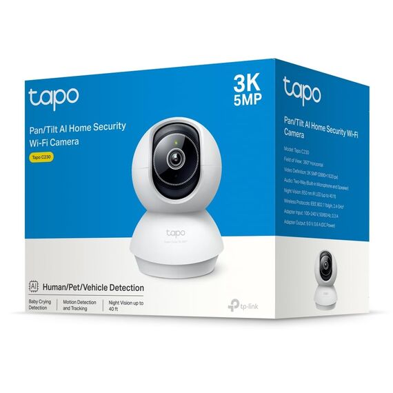 Tapo C230 3K 5MP Überwachungskamera innen 360°, WLAN 2,4GHz, KI-Erkennung, Nachtsicht, Bewegungserkennung, Zwei-Wege-Audio, Kompatibel mit Alexa und Google Assistant, microSD bis 512 GB