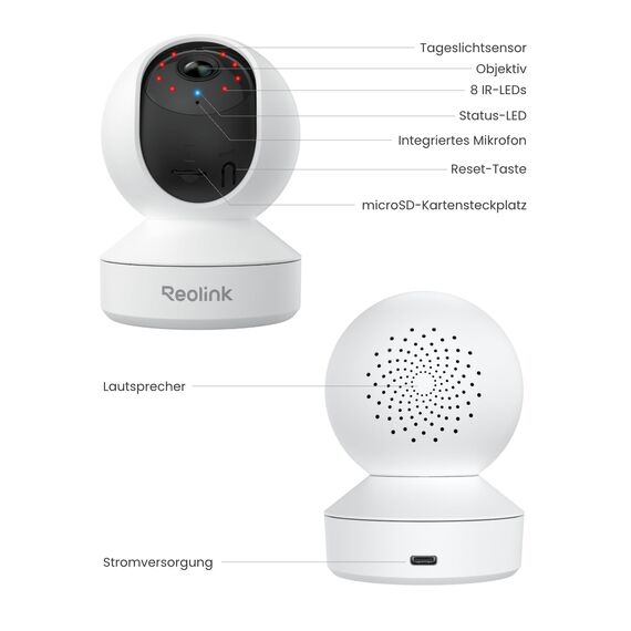 Reolink 2K Überwachungskamera Innen, 360°-Ansicht Indoor Kamera WLAN mit Auto-Tracking, Baby Monitor mit Personen-/Tier-/Weinen-Erkennung, 2,4 GHz Wi-Fi, Privatmodus, 2-Wege-Audio, E1 4MP