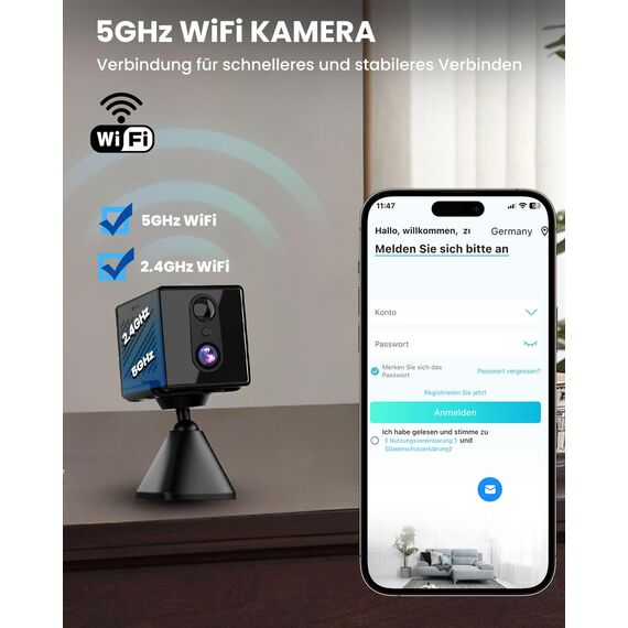 aidowocam Mini Kamera,5G WiFi Überwachungskamera Innen,Kamera Überwachung Innen,Kostenloser Cloud-Speicher, Lange Standby Akku Kamera,Bewegungsmelder,Nachtsicht,Unterstützt SD-Speicher