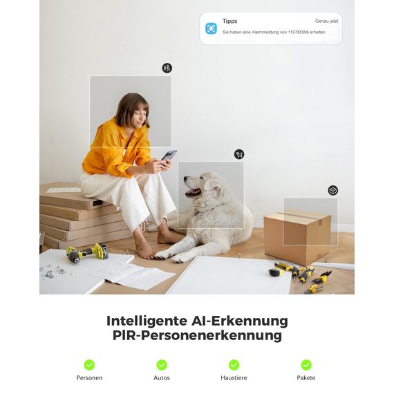 COCOCAM 2K Überwachungskamera Innen WLAN mit 5200mAh Akku, kabelloser 355°P 90°T, Baby Monitor Haustierkamera Altenpflege, KI-Erkennung, PIR-Personenerkennung, 2,4G WLAN (1, Weiß)