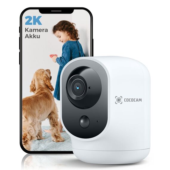COCOCAM 2K Überwachungskamera Innen WLAN mit 5200mAh Akku, kabelloser 355°P 90°T, Baby Monitor Haustierkamera Altenpflege, KI-Erkennung, PIR-Personenerkennung, 2,4G WLAN (1, Weiß)