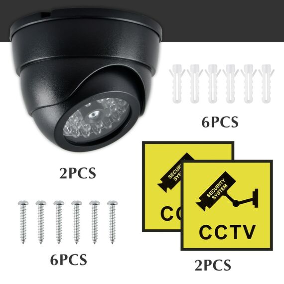 BUYGOO 2 pcs Kamera Attrappe, CCTV Dummy Sicherheits Dome Kameras, Fake überwachungskamera mit Rot Blinkender LED, Überwachungskamera Attrappen, Dummy Kamera Attrappe, für Innen Außenbereich