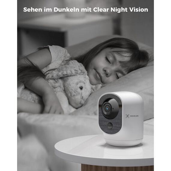 COCOCAM 2K Überwachungskamera Innen WLAN mit 5200mAh Akku, kabelloser 355°P 90°T, Baby Monitor Haustierkamera Altenpflege, KI-Erkennung, PIR-Personenerkennung, 2,4G WLAN (1, Weiß)