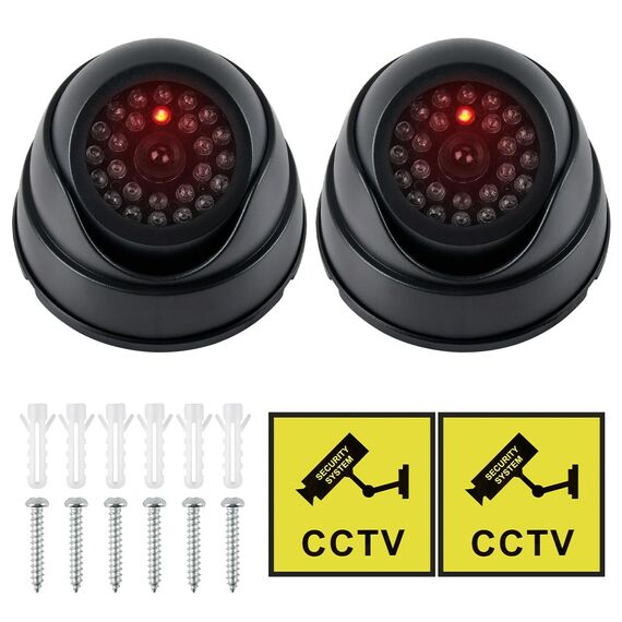 BUYGOO 2 pcs Kamera Attrappe, CCTV Dummy Sicherheits Dome Kameras, Fake überwachungskamera mit Rot Blinkender LED, Überwachungskamera Attrappen, Dummy Kamera Attrappe, für Innen Außenbereich
