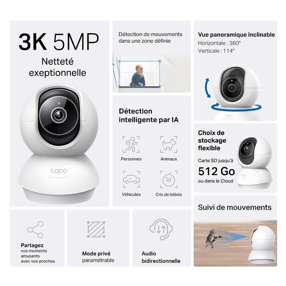 Tapo C230 3K 5MP Überwachungskamera innen 360°, WLAN 2,4GHz, KI-Erkennung, Nachtsicht, Bewegungserkennung, Zwei-Wege-Audio, Kompatibel mit Alexa und Google Assistant, microSD bis 512 GB