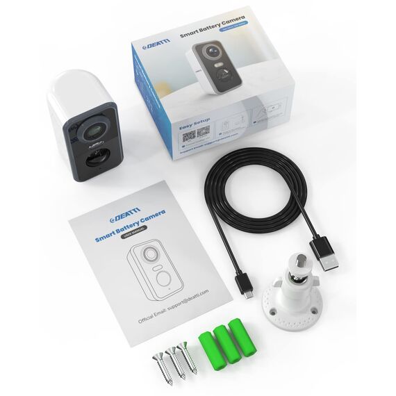 DEATTI Überwachungskamera Aussen Akku, 2K Kamera Überwachung Kabellos WLAN Außen/Innen, IP Kamera Outdoor mit PIR Bewegungsmelder, 2-Wege-Audio, Farbnachtsicht, IP66 Wasserdicht, Cloud/SD Storage