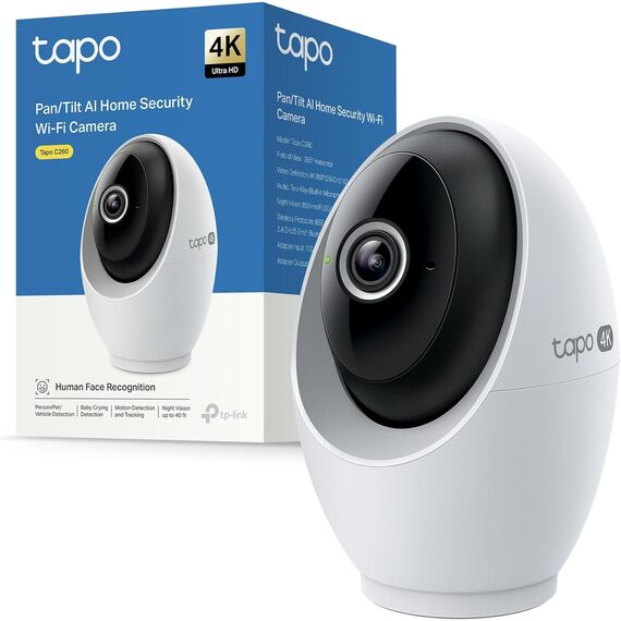 Tapo C260 4K 8MP Überwachungskamera Innen 360°, Lokale KI-Erkennung, Physischer Privatsphärenmodus, 18-Facher Digitalzoom, Bewegungsverfolgung, Zwei-Wege-Audio, MicroSD-Karte Bis zu 512 GB
