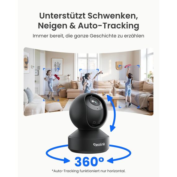 Reolink 4K PTZ WLAN Überwachungskamera Innen, 2,4/5 GHz Wi-Fi 6, Babyphone mit Kamera, 3X Optischer Zoom, Auto-Tracking, Indoor Kamera für Kids, Hundekamera, Intelligente Erkennung, E1 Zoom, Schwarz