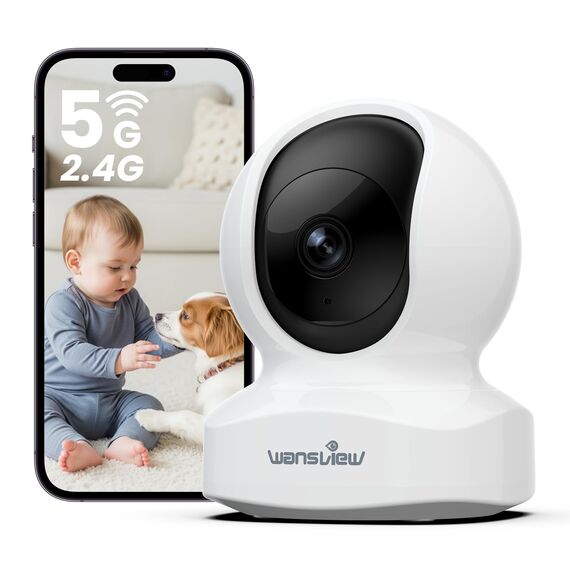 wansview 5MP Babyphone mit Kamera-3K Überwachungskamera innen, 5G/2.4Ghz WLAN IP Kamera, schwenkbare Haustier Kamera, Datenschutzbereich, Zwei-Wege-Audio, Kompatibel mit Alexa（Weiß）
