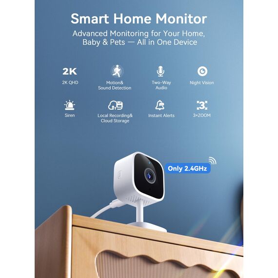 Outinput 2K Plug-in Mini Überwachungskamera Innen, WLAN Indoor Kamera mit IR-Nachtsicht, Hundekamera mit App, Bewegung&Geräusch-Erkennung, 2-Wege-Audio, Sirene, SD&Cloud-Speicher, für Baby&Haustiere
