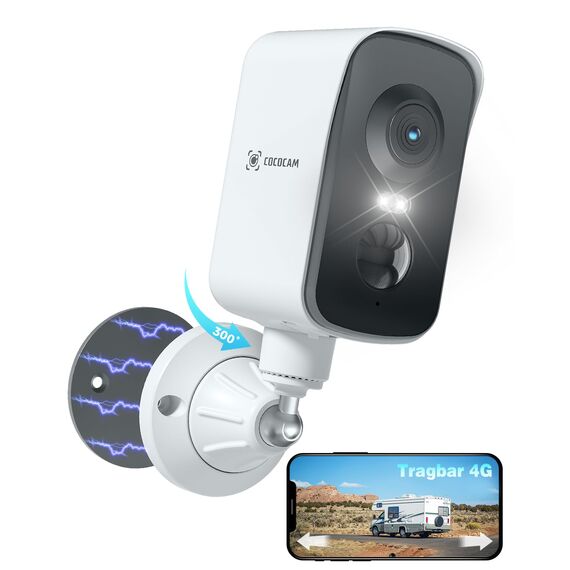 COCOCAM Tragbare Magnetische 4G Überwachungskamera mit SIM Karte Außen/Innen, 2K kabellose Kamera für Wohnmobile, Camping und Reisen,300°Schwenkbereich, 10000Ah Akku, Integrierte SIM-Karte(Kein WLAN)