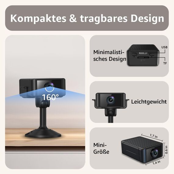 Liretope Mini Kamera, 4K HD WLAN Überwachungskamera Innen Für Live Übertragung Handy APP, WiFi Camera Nachtsichtkamera mit Bewegungsmelder/Lange Batterielaufzeit/Cloud-Speicherplat