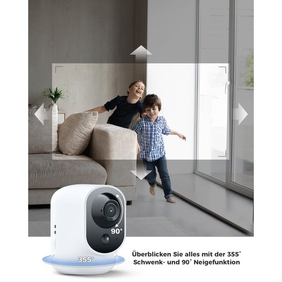 COCOCAM 2K Überwachungskamera Innen WLAN mit 5200mAh Akku, kabelloser 355°P 90°T, Baby Monitor Haustierkamera Altenpflege, KI-Erkennung, PIR-Personenerkennung, 2,4G WLAN (1, Weiß)