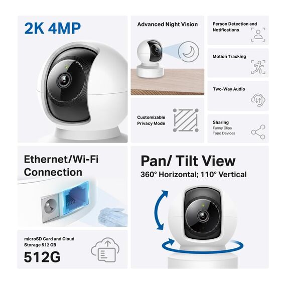 Tapo C222 360° WLAN Überwachungskamera, Ethernet/WLAN, 2K 4MP, Bewegungsverfolgung, Nachtsicht, Zwei-Wege-Audio, kompatibel mit Alexa und Google Assistant, bis zu 512GB Lokale Speicherung