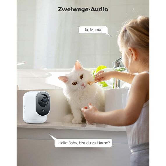 COCOCAM 2K Überwachungskamera Innen WLAN mit 5200mAh Akku, kabelloser 355°P 90°T, Baby Monitor Haustierkamera Altenpflege, KI-Erkennung, PIR-Personenerkennung, 2,4G WLAN (1, Weiß)