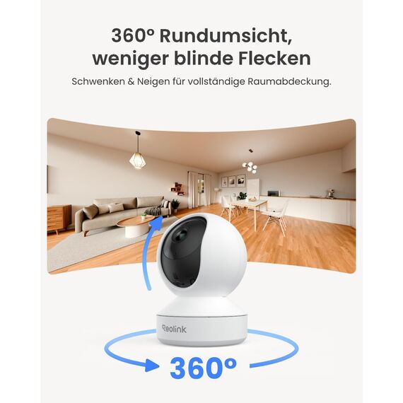 Reolink 2K Überwachungskamera Innen, 360°-Ansicht Indoor Kamera WLAN mit Auto-Tracking, Baby Monitor mit Personen-/Tier-/Weinen-Erkennung, 2,4 GHz Wi-Fi, Privatmodus, 2-Wege-Audio, E1 4MP