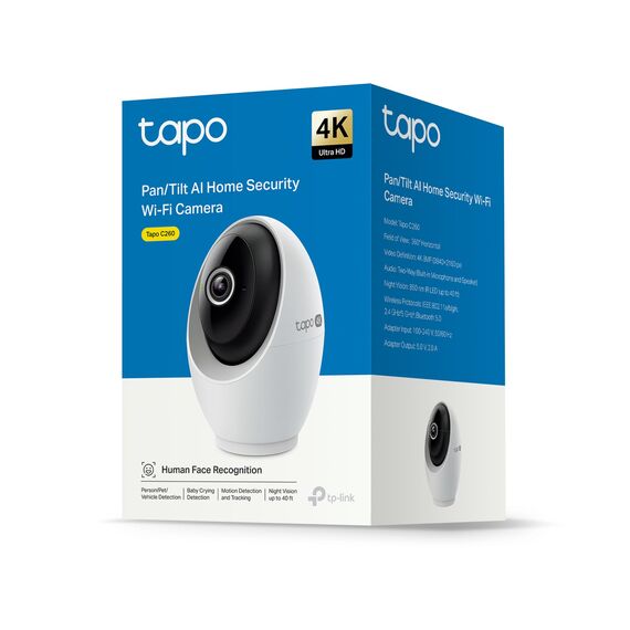 Tapo C260 4K 8MP Überwachungskamera Innen 360°, Lokale KI-Erkennung, Physischer Privatsphärenmodus, 18-Facher Digitalzoom, Bewegungsverfolgung, Zwei-Wege-Audio, MicroSD-Karte Bis zu 512 GB