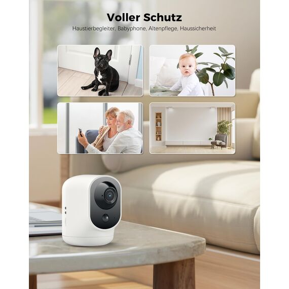COCOCAM 2K Überwachungskamera Innen WLAN mit 5200mAh Akku, kabelloser 355°P 90°T, Baby Monitor Haustierkamera Altenpflege, KI-Erkennung, PIR-Personenerkennung, 2,4G WLAN (1, Weiß)