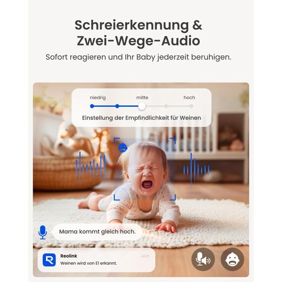 Reolink 2K Überwachungskamera Innen, 360°-Ansicht Indoor Kamera WLAN mit Auto-Tracking, Baby Monitor mit Personen-/Tier-/Weinen-Erkennung, 2,4 GHz Wi-Fi, Privatmodus, 2-Wege-Audio, E1 4MP