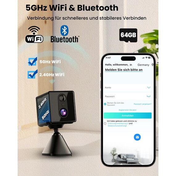 aidowocam Mini Kamera 4K Überwachungskamera mit 64G SD WLAN WiFi Camera Live Übertragung Handy APP Für Lange Standby Akku Kamera,Bewegungsmelder Nachtsicht