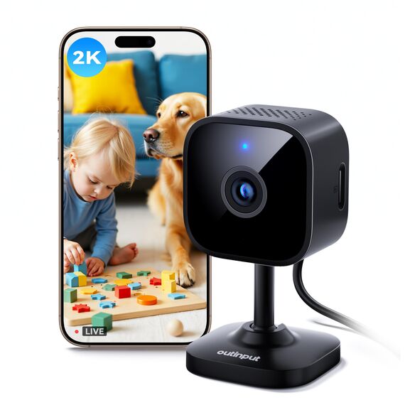 Outinput 2K Plug-in Überwachungskamera Innen, WLAN Indoor Kamera mit Nachtsicht, Hundekamera mit App, Bewegung&Geräusch-Erkennung, 2-Wege-Audio, Sirene, SD&Cloud-Speicher, für Baby&Haustiere, Schwarz