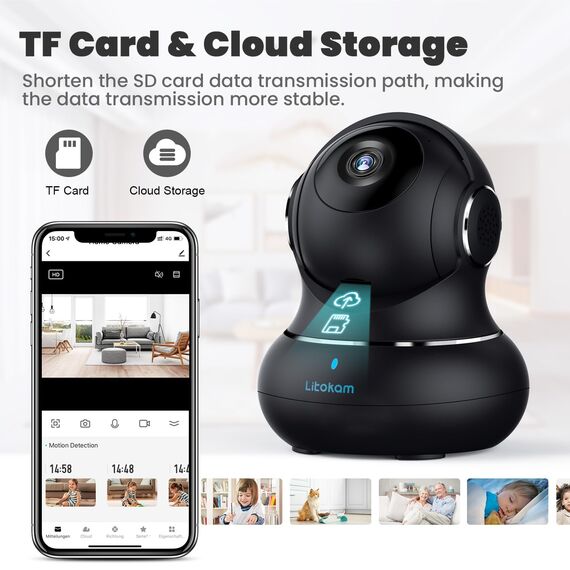litokam Little elf Überwachungskamera, 2K Babyphone mit Kamera mit Bewegungserkennung, WLAN Kamera Überwachung Innen mit Nachtsicht, 360° Hundekamera mit APP 2-Wege-Audio, für SD &Cloud-Speicher