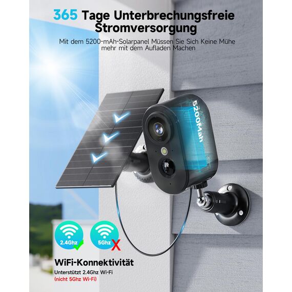 PESAIR 2K Überwachungskamera Aussen Akku/Solar - Kamera Überwachung Aussen WLAN mit Farbige Nachtsicht, Kabellose Überwachungskamera außen/innen, PIR-Bewegungserkennung, IP66, 2,4 GHz, Schwarz
