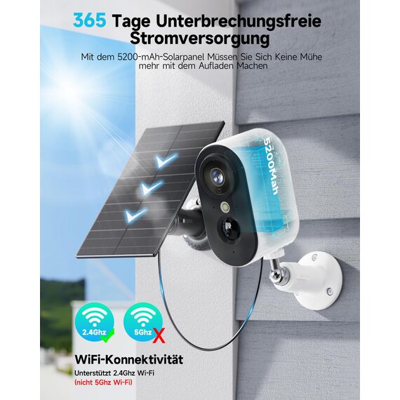 PESAIR 2K Überwachungskamera Aussen Akku/Solar - Kamera Überwachung Aussen WLAN mit Farbige Nachtsicht, Kabellose Überwachungskamera außen/innen, PIR-Bewegungserkennung, IP66, 2,4 GHz