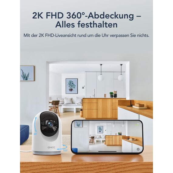 GNCC Überwachungskamera Innen - 2K Kamera Überwachung Innen, 360° WLANkamera Indoor Hundekamera mit APP, Babyphone mit Kamera, Zwei-Wege-Audio, Bewegungserkennung, Nachtsicht, kompatibel mit Alexa