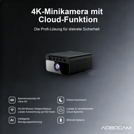 AOBOCAM Mini Kamera, WLAN 4K mit Cloud-Speicher - 150° Weitwinkel HD Überwachungskamera Innen- Drahtlose Sicherheitskamera mit Intelligente Bewegungserkennung/Nachtsicht/Energieeffiziente Akku