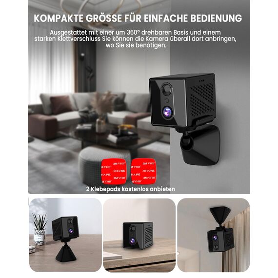 aidowocam Mini Kamera,5G WiFi Überwachungskamera Innen,Kamera Überwachung Innen,Kostenloser Cloud-Speicher, Lange Standby Akku Kamera,Bewegungsmelder,Nachtsicht,Unterstützt SD-Speicher