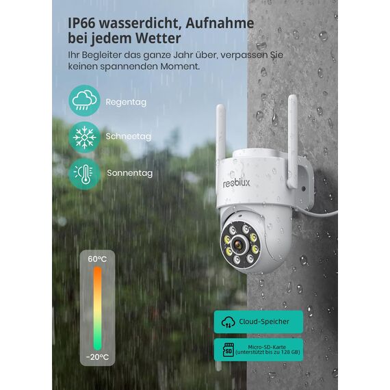 Reobiux Überwachungskamera Aussen 1080P,Kamera überwachung aussen/innen mit Farbige Nachtsicht,2.4Ghz WiFi,Bewegungserkennung,Alarm,Kabelgebunden,2-Wege Audio,Outdoor,USB,IP66