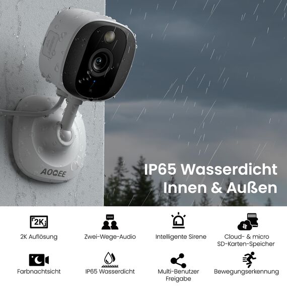 AOQEE 2K Überwachungskamera Aussen/Innen - Kamera Überwachung Aussen, WLAN Camera Indoor/Outdoor, Hundekamera, Babyphone mit App IP65 Wasserdicht, Farbnachtsicht, SD/Cloud-Speicher, C1 2er Set