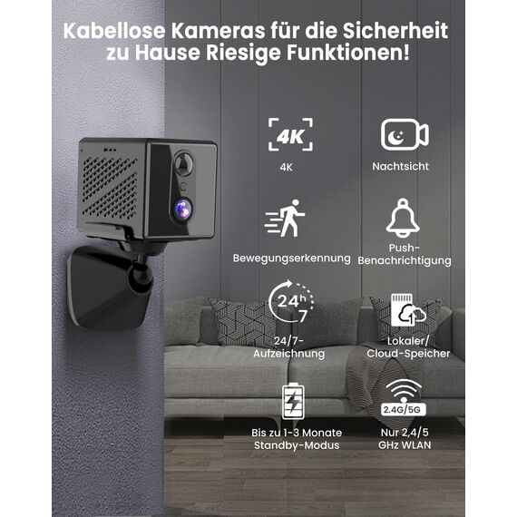 aidowocam Mini Kamera,5G WiFi Überwachungskamera Innen,Kamera Überwachung Innen,Kostenloser Cloud-Speicher, Lange Standby Akku Kamera,Bewegungsmelder,Nachtsicht,Unterstützt SD-Speicher