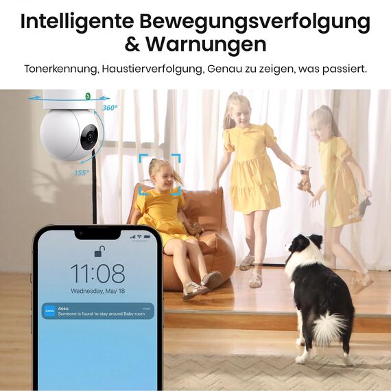 aosu 2K Überwachungskamera Innen, 5G/2.4GHz WLAN Kamera Indoor mit Nachtsicht, 360° Heimüberwachungskamera für Ältere Kids mit Mensch/Haustiererkennung, 2-Wege-Audio, kompatibel mit Alexa