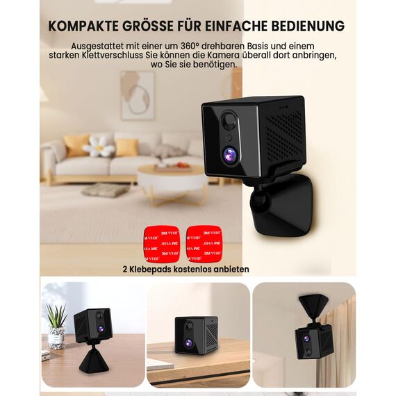 aidowocam Mini Kamera 4K Überwachungskamera mit 64G SD WLAN WiFi Camera Live Übertragung Handy APP Für Lange Standby Akku Kamera,Bewegungsmelder Nachtsicht