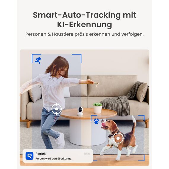 Reolink 2K Überwachungskamera Innen, 360°-Ansicht Indoor Kamera WLAN mit Auto-Tracking, Baby Monitor mit Personen-/Tier-/Weinen-Erkennung, 2,4 GHz Wi-Fi, Privatmodus, 2-Wege-Audio, E1 4MP