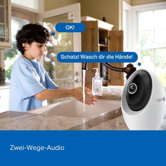 Tapo C260 4K 8MP Überwachungskamera Innen 360°, Lokale KI-Erkennung, Physischer Privatsphärenmodus, 18-Facher Digitalzoom, Bewegungsverfolgung, Zwei-Wege-Audio, MicroSD-Karte Bis zu 512 GB