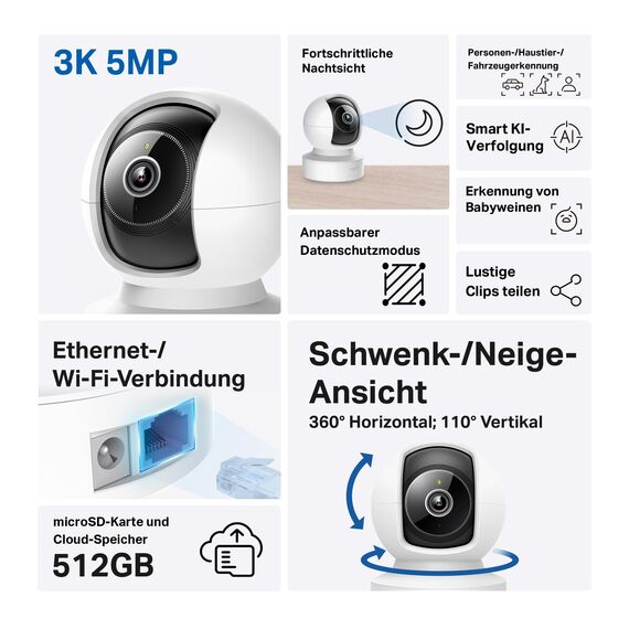 Tapo C232 360° KI-WLAN-Überwachungskamera, Ethernet/WLAN, 3K 5MP, Bewegungsverfolgung, Nachtsicht, Zwei-Wege-Audio, kompatibel mit Alexa und Google Assistant, MicroSD-Karte Bis zu 512 GB