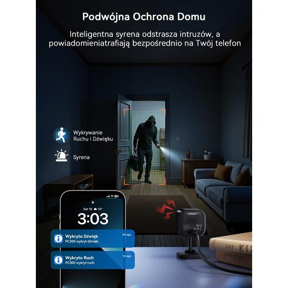 Outinput 2K Plug-in Überwachungskamera Innen, WLAN Indoor Kamera mit Nachtsicht, Hundekamera mit App, Bewegung&Geräusch-Erkennung, 2-Wege-Audio, Sirene, SD&Cloud-Speicher, für Baby&Haustiere, Schwarz