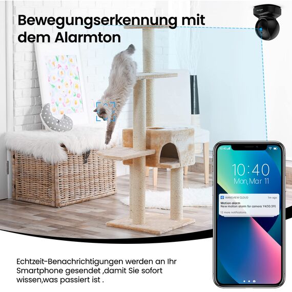wansview 2K Hundekamera mit app - 2,4Ghz Überwachungskamera innen, Haustierkamera mit app, Hundekamera Nachtsicht, Kamera Hundeüberwachung mit Bewegungserkennung, 2-Wege-Audio, Q5