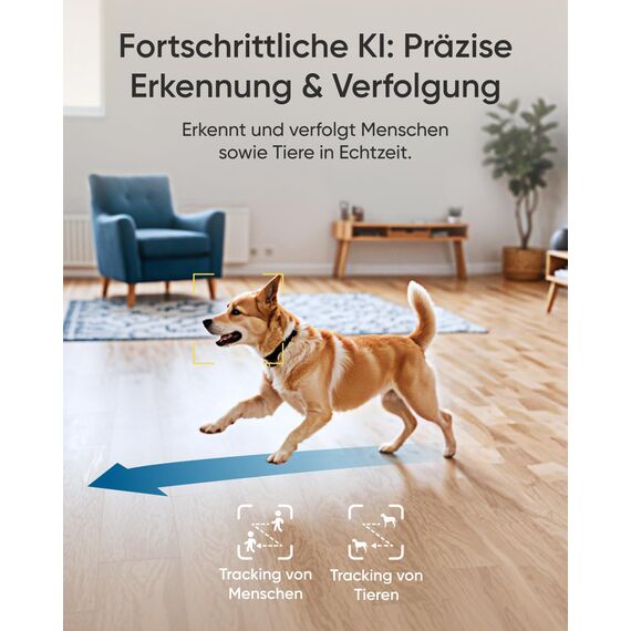 eufy Innenkamera E30, neueste Generation, 4K 8MP UHD Sicherheitskamera, 360° Abdeckung, 6× optischer Zoom, Farbnachtsicht, KI-Erkennung Mensch/Tier/Weinen, Auto-Tracking Mensch/Tier, HomeKit, Schwarz